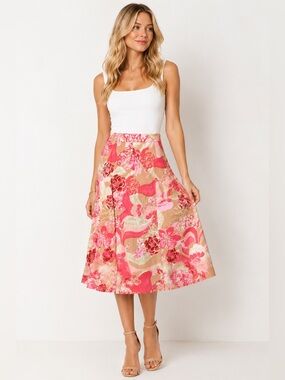 Express Design Studio Pink & Tan Floral Midi Skirt Size 2